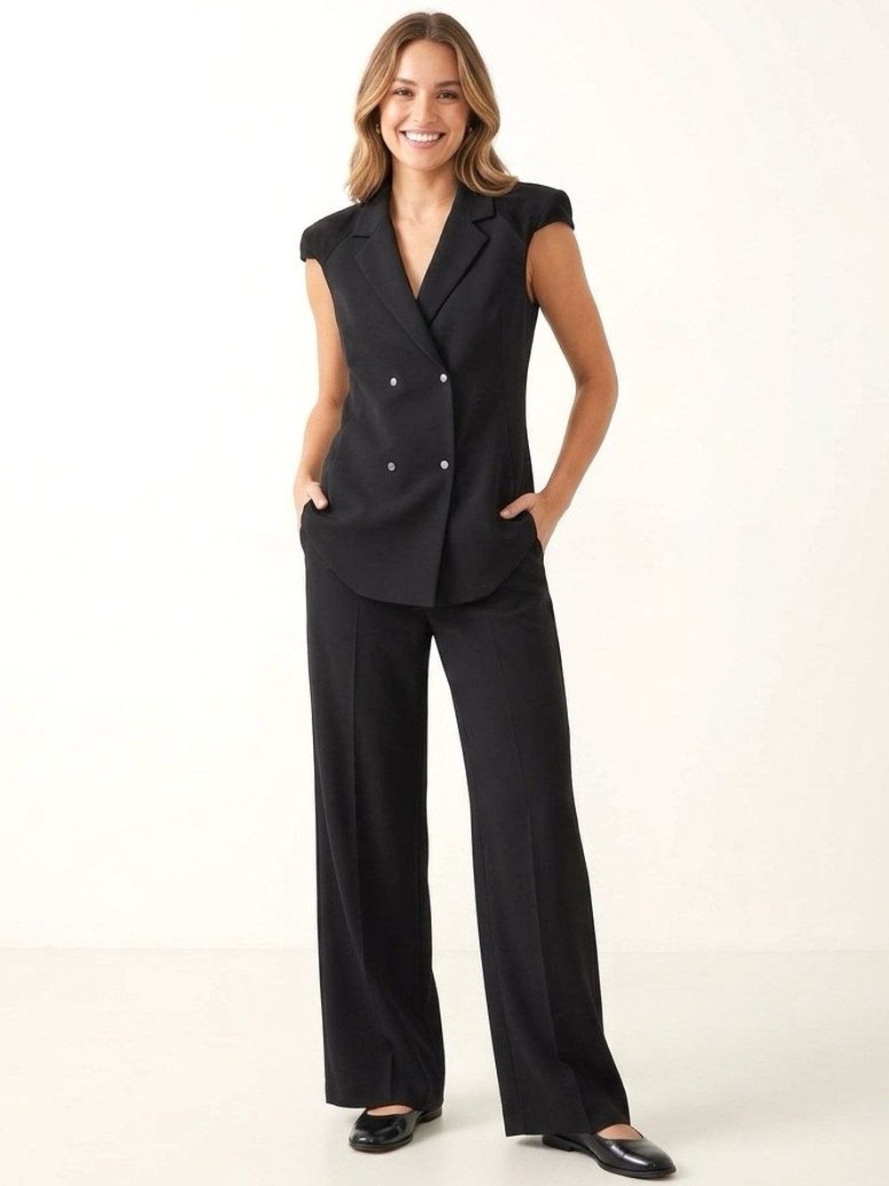 Helmut Lang Button Front Wool Blend Suede Cap Sleeve Vest Blazer, Black, Size 6